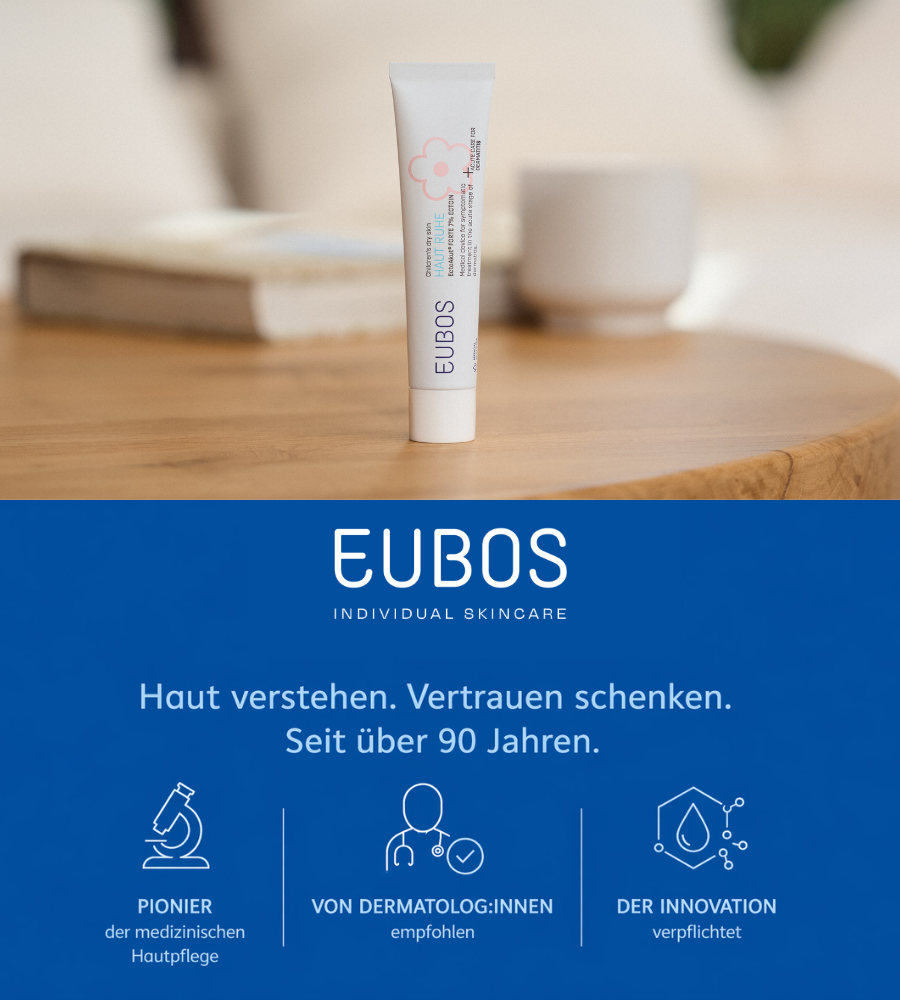 EUBOS-Logo. Text: Haut verstehen. Vertrauen schenken. Seit über 90 Jahren.