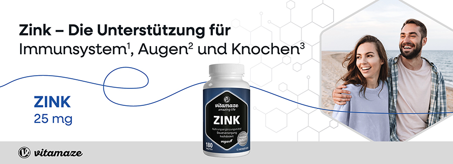Paar am Meer. Flasche mit Zink-Tabletten. Text: Zink – Die Unterstützung für Immunsystem, Augen und Knochen. Marke: Vitamaze.
