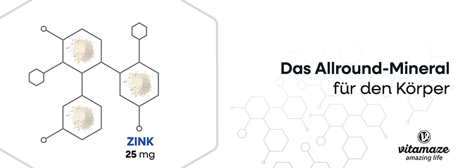 Grafik: Zink 25 mg. Chemische Strukturformel. Text: Das Allround-Mineral für den Körper. Marke: Vitamaze.