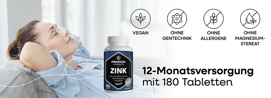 Frau liegt entspannt. Flasche mit Zink-Tabletten. Text: 12-Monatsversorgung mit 180 Tabletten. Vegan, ohne Gentechnik, ohne Allergene, ohne Magnesiumstearat.