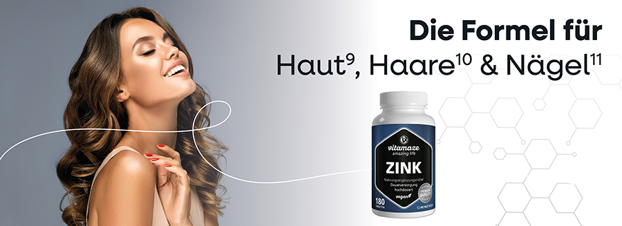 Frau mit langen Haaren. Flasche mit Zink-Tabletten. Text: Die Formel für Haut, Haare & Nägel. Marke: Vitamaze.