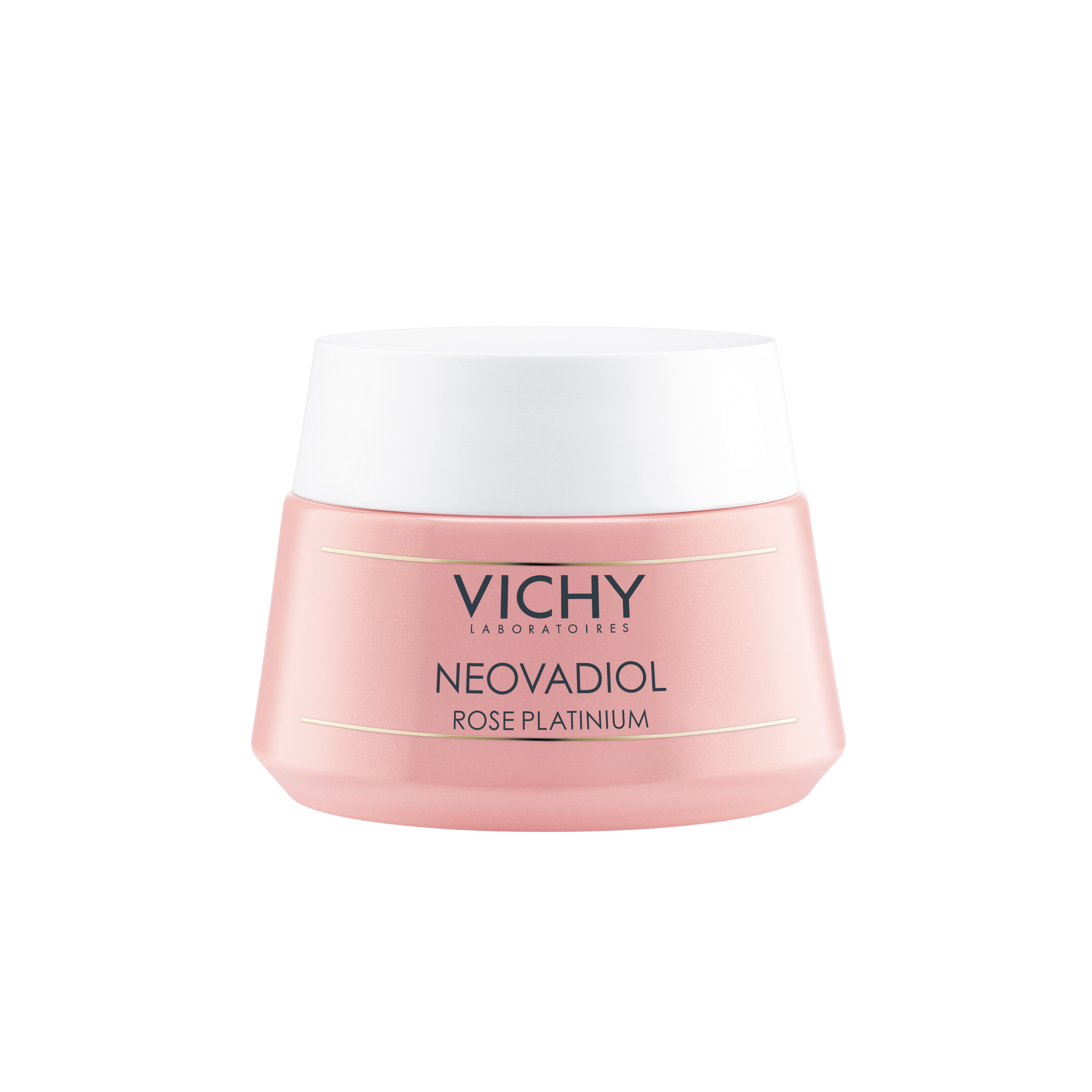 Rosa Tiegel mit weißem Deckel. Aufschrift: Vichy, Rose Platinium. Dermatologisch getestet.