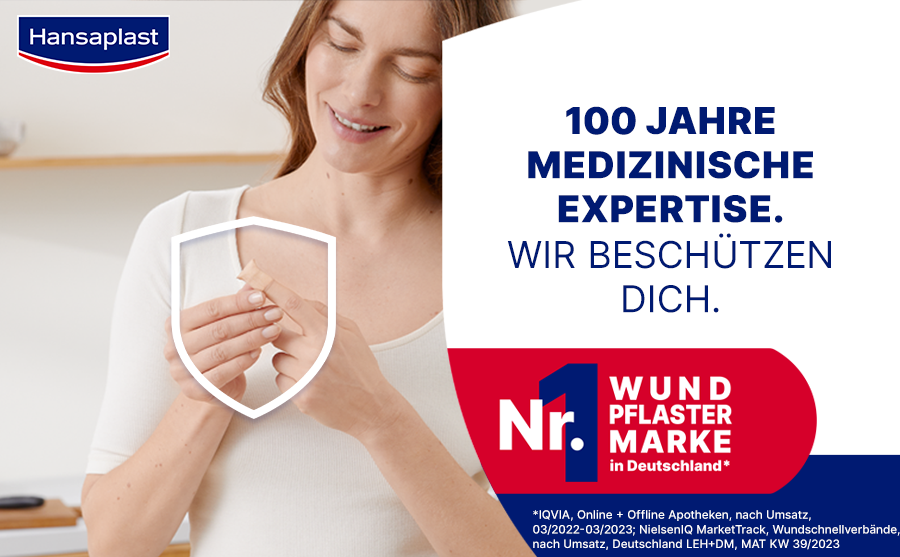 Frau mit Pflaster auf dem Finger. Text: Nr. 1 Wundpflaster Marke in Deutschland.