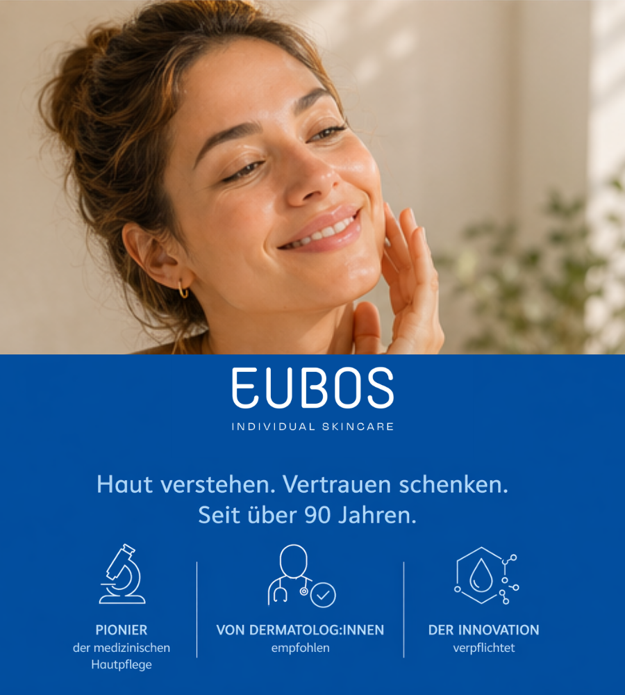 EUBOS Anti Age Serie. Produkte: Reinigung, Augen, Intensivpflege, Gesicht, Hände. Auf blauem Hintergrund.