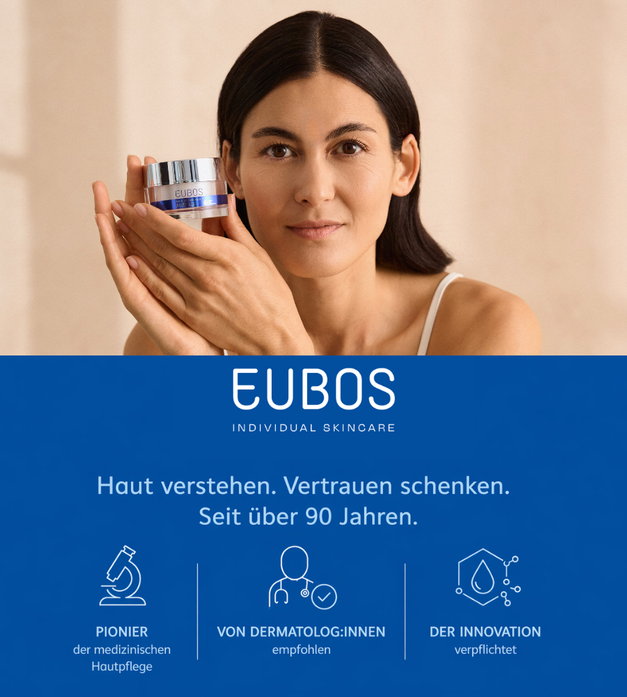 Produktreihe. Icons: Reinigung, Augen, Intensivpflege, Gesicht, Hände. Produkte: EUBOS Anti Age.
