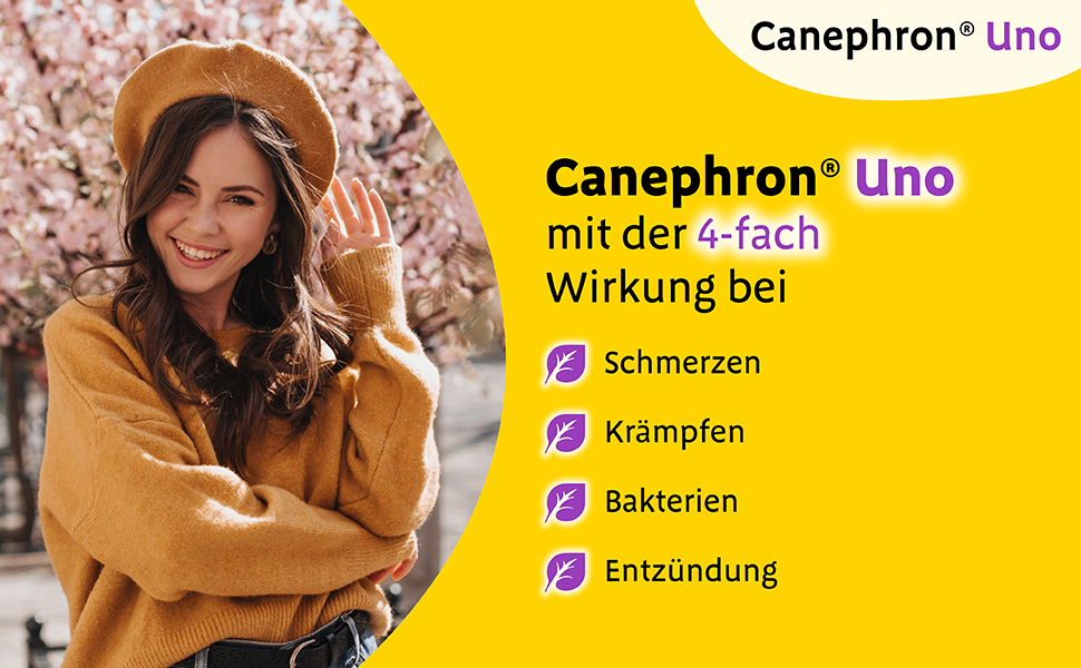 Frau lächelt. Text: Canephron® Uno mit der 4-fach Wirkung bei Schmerzen, Krämpfen, Bakterien, Entzündung.