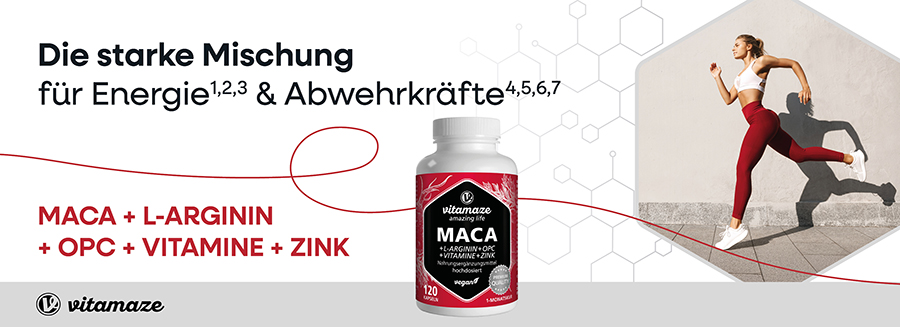 Frau joggt. Neben ihr: Flasche mit rotem Etikett. Auf dem Etikett steht: MACA + L-Arginin + OPC + Vitamine + Zink. Text: Die starke Mischung für Energie & Abwehrkräfte.