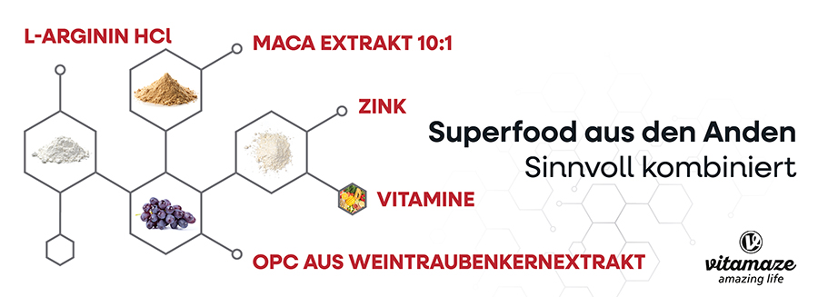 Grafik mit Inhaltsstoffen: L-Arginin, Maca-Extrakt, Zink, Vitamin. Text: Superfood aus den Anden, sinnvoll kombiniert. Logo: vitamaze.