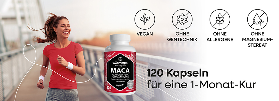 Frau läuft auf Brücke. Neben ihr: Flasche mit rotem Etikett. Auf dem Etikett steht: MACA + L-Arginin + OPC + Vitamine + Zink. Text: 120 Kapseln für eine 1-Monats-Kur.