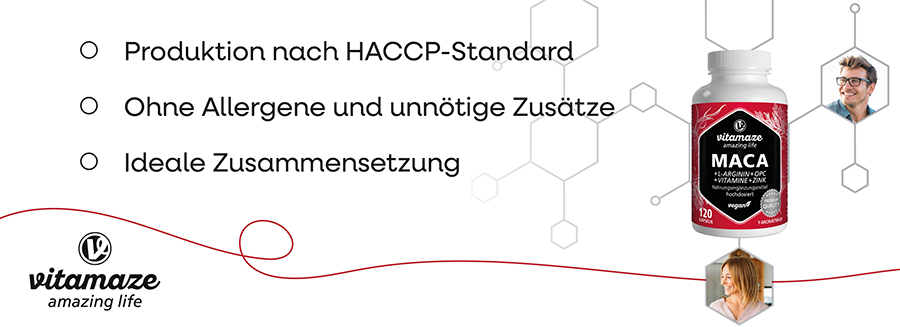Grafik mit drei Punkten und Texten: Produktion nach HACCP-Standard, Ohne Allergene, Ideale Zusammensetzung. Flasche mit rotem Etikett. Logo: vitamaze.