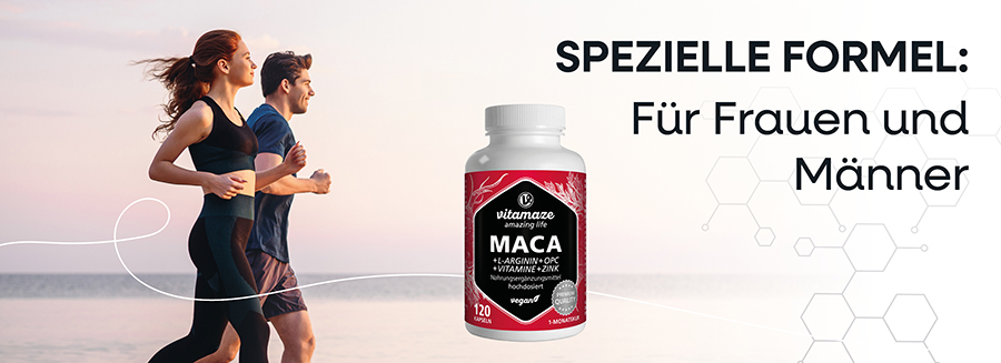 Paar joggt. Neben ihnen: Flasche mit rotem Etikett. Auf dem Etikett steht: MACA + L-Arginin + OPC + Vitamine + Zink. Text: Spezielle Formel: Für Frauen und Männer.