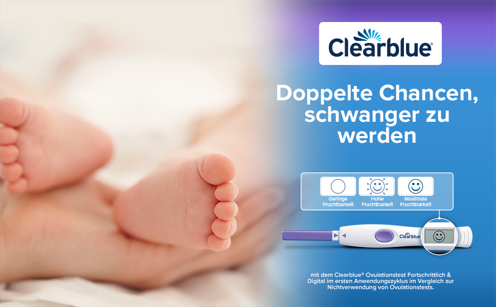 Babyfüße in Händen. Text: Doppelte Chancen, schwanger zu werden. Digitaler Ovulationstest.