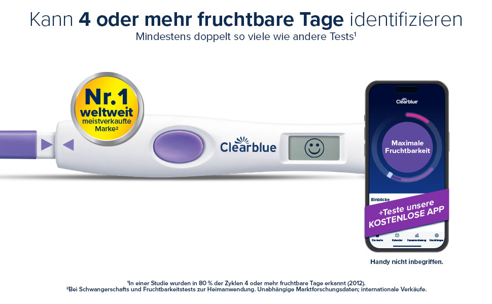 Digitaler Ovulationstest und Smartphone. Text: Kann 4 oder mehr fruchtbare Tage identifizieren.