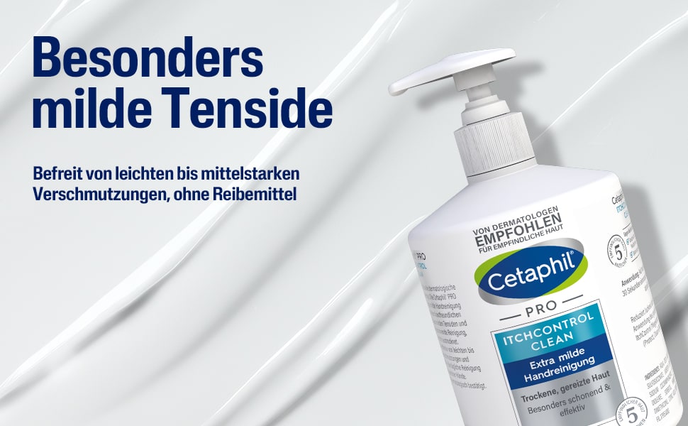Flasche und Schaum. Text: Besonders milde Tenside. Befreit von leichten bis mittelstarken Verschmutzungen, ohne Reibemittel.