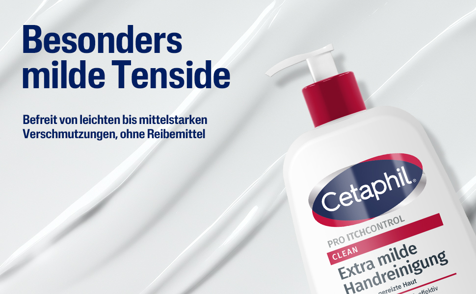 Flasche und Schaum. Text: Besonders milde Tenside. Befreit von leichten bis mittelstarken Verschmutzungen, ohne Reibemittel.