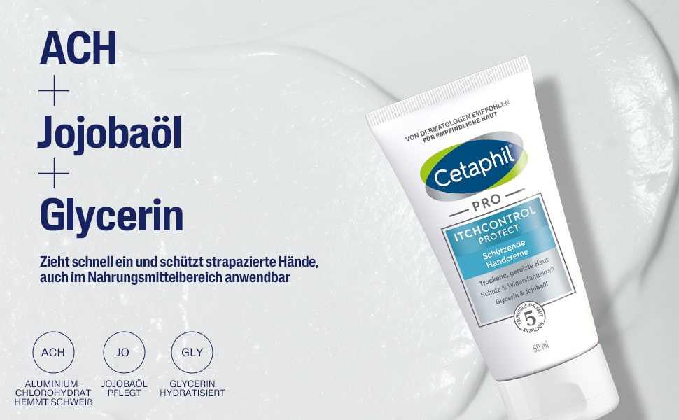 Creme auf weißem Hintergrund. Text: ACH + Jojobaöl + Glycerin. Zieht schnell ein und schützt strapazierte Hände.