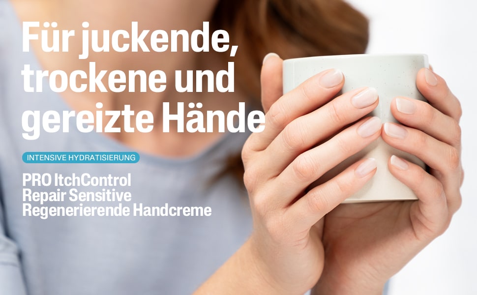 Hände mit Tasse. Text: Für juckende, trockene und gereizte Hände. Produktname: Handcreme.