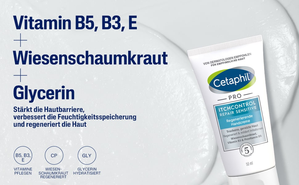 Creme-Strähne und Tube. Inhaltsstoffe: Vitamin B5, B3, E, Wiesenschaumkraut, Glycerin. Marke: Cetaphil Pro.