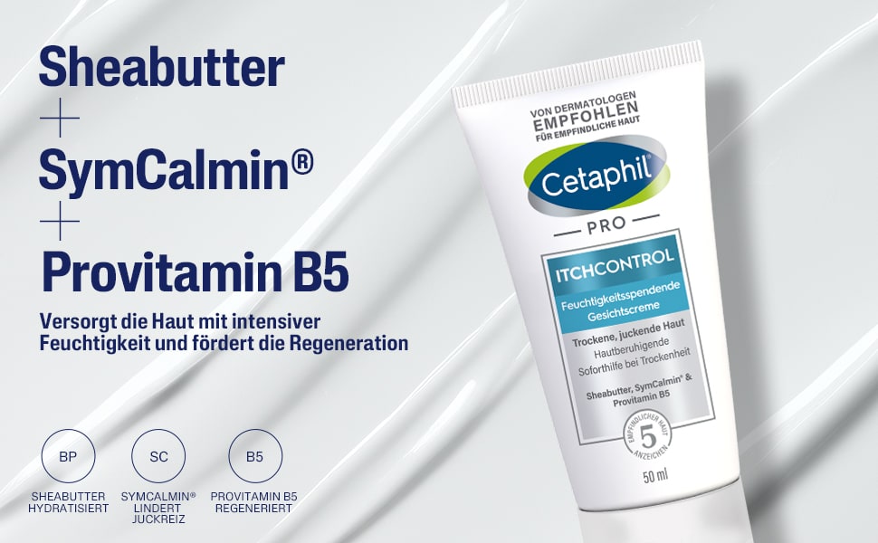 Creme-Textur mit Inhaltsstoffen: Sheabutter, SymCalmin, Provitamin B5. Text: Feuchtigkeit.
