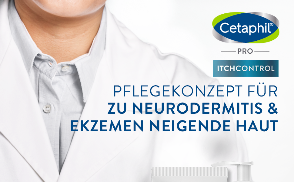 Person im weißen Kittel mit Cetaphil-Logo und Text: Pflegekonzept für zu Neurodermitis & Ekzemen neigende Haut.