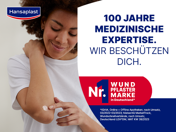 Frau mit Arm. Text: 100 Jahre medizinische Expertise. Nr. 1 Wundpflastermarke in Deutschland.