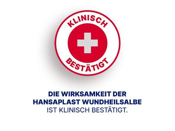 Kreis mit Text: Klinisch bestätigt. Wirksamkeit der Hansaplast Wundheilsalbe.