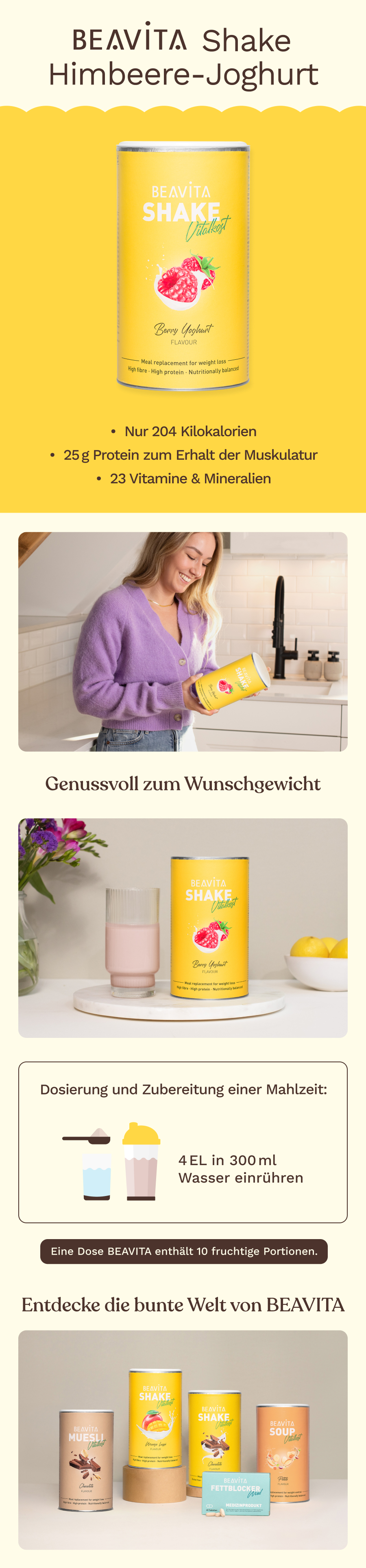 BEAVITA Shake Himbeere-Joghurt Dose, Zubereitung und weitere Produkte.