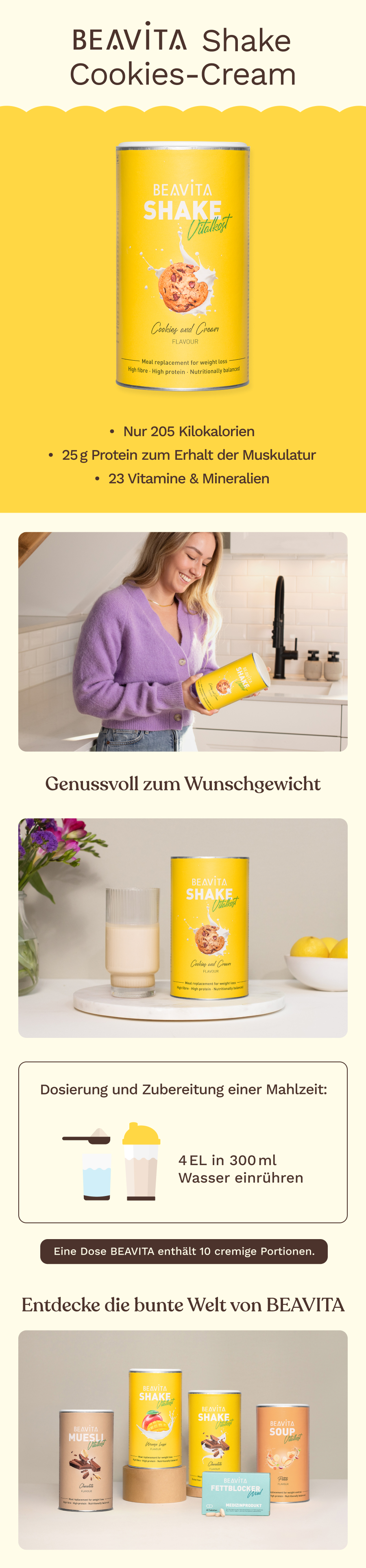 BEAVITA Vitalkost Diät-Shake Cookies-Cream Dose mit Informationen zu Kalorien, Protein und Vitaminen.