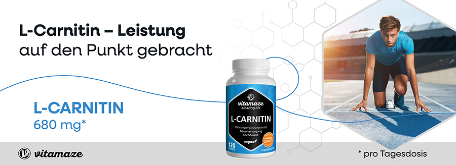 Mann rennt auf einer Laufbahn. L-Carnitin Flasche, 120 Kapseln. L-Carnitin - Leistung auf den Punkt gebracht.