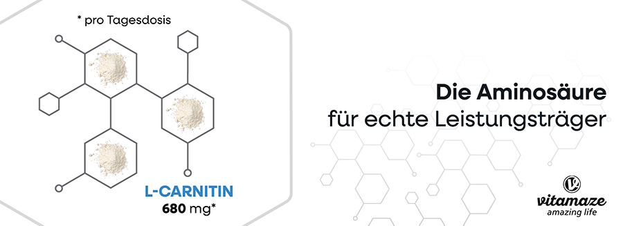 Grafik mit L-Carnitin 680 mg. Gezeigt werden Molekülstrukturen und Pulverhaufen.