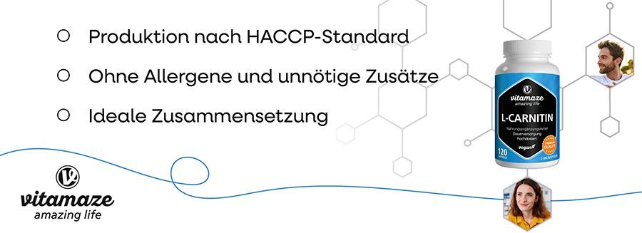 Drei Kreise mit Text: Produktion nach HACCP-Standard, ohne Allergene, ideale Zusammensetzung. Flasche L-Carnitin.