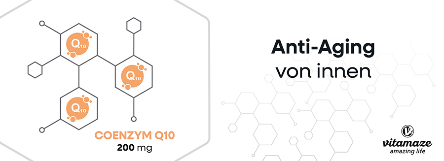 Grafik mit Coenzym Q10 Molekülen und Text: Anti-Aging von innen. Logo vitamaze.