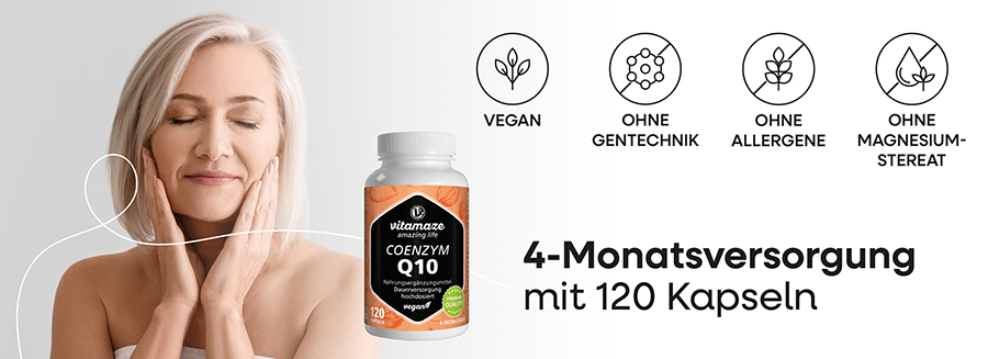 Frau hält Hände im Gesicht. Flasche Coenzym Q10 von vitamaze. Text: 4-Monatsversorgung mit 120 Kapseln.