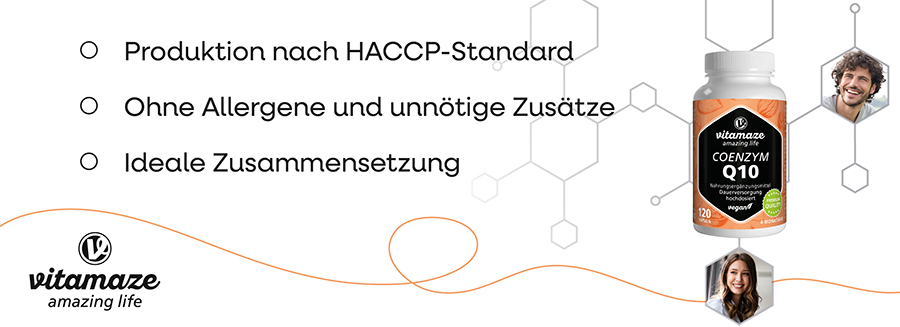 Grafik mit Flasche Coenzym Q10. Text: Produktion nach HACCP-Standard, ohne Allergene, ideale Zusammensetzung.