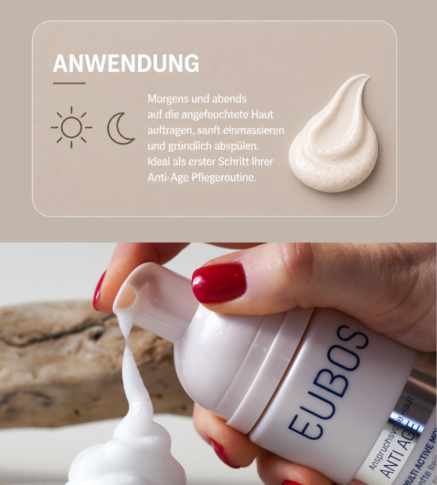 Anwendung von EUBOS Anti Age Mousse. Text: Morgens und abends auftragen, einmassieren, abspülen.