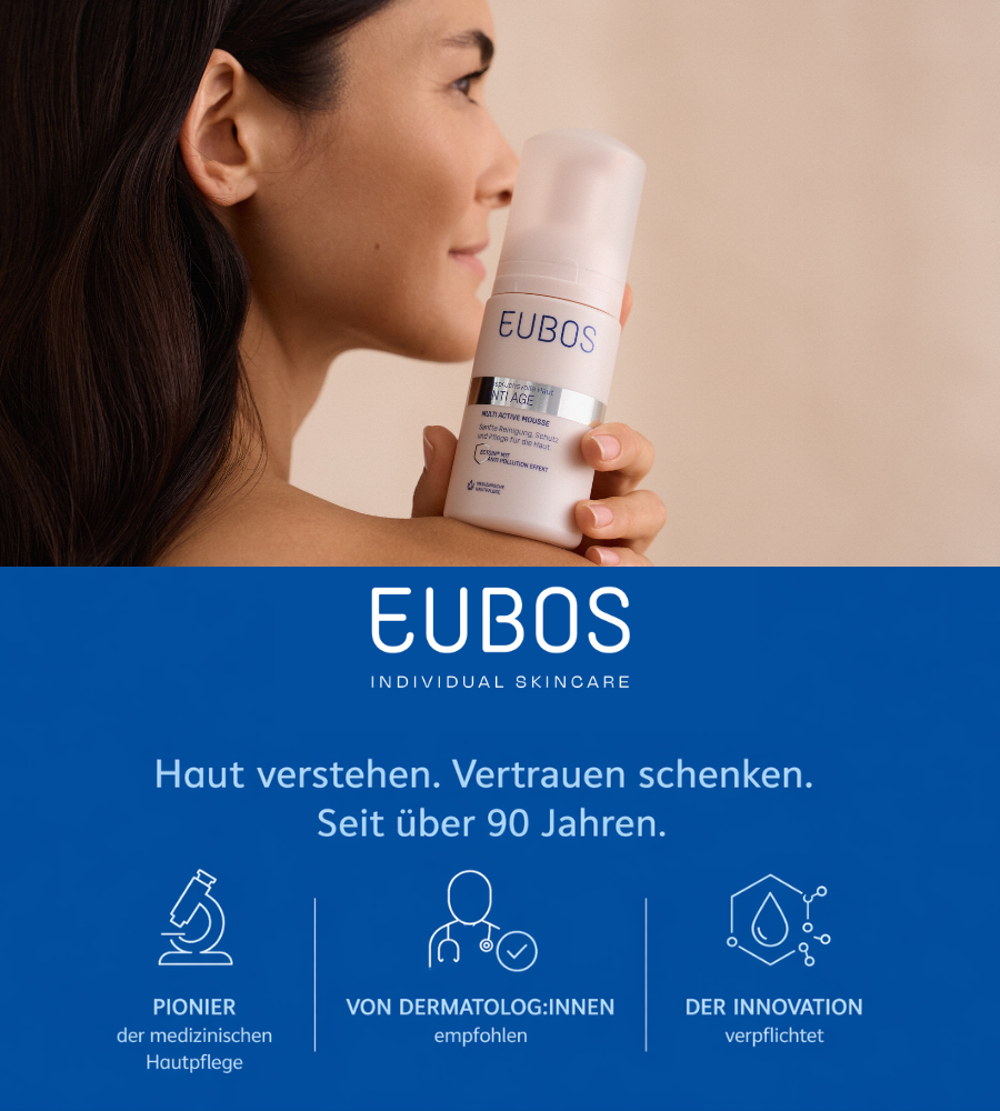 Frau hält EUBOS Anti Age Mousse. Text: Haut verstehen. Vertrauen schenken. Über 90 Jahre.