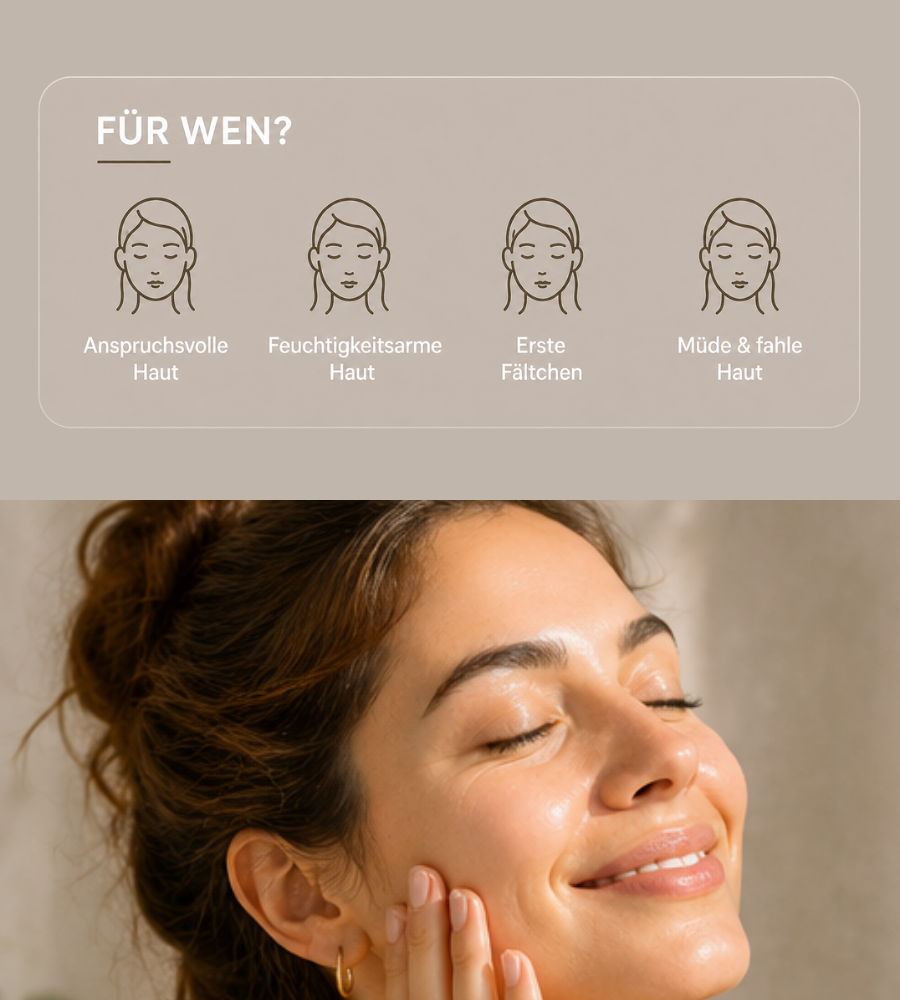 Frau mit Serum. Text: Anti Age Pflegeroutine. Reinigen, Wirken, Schützen, Pflegen.