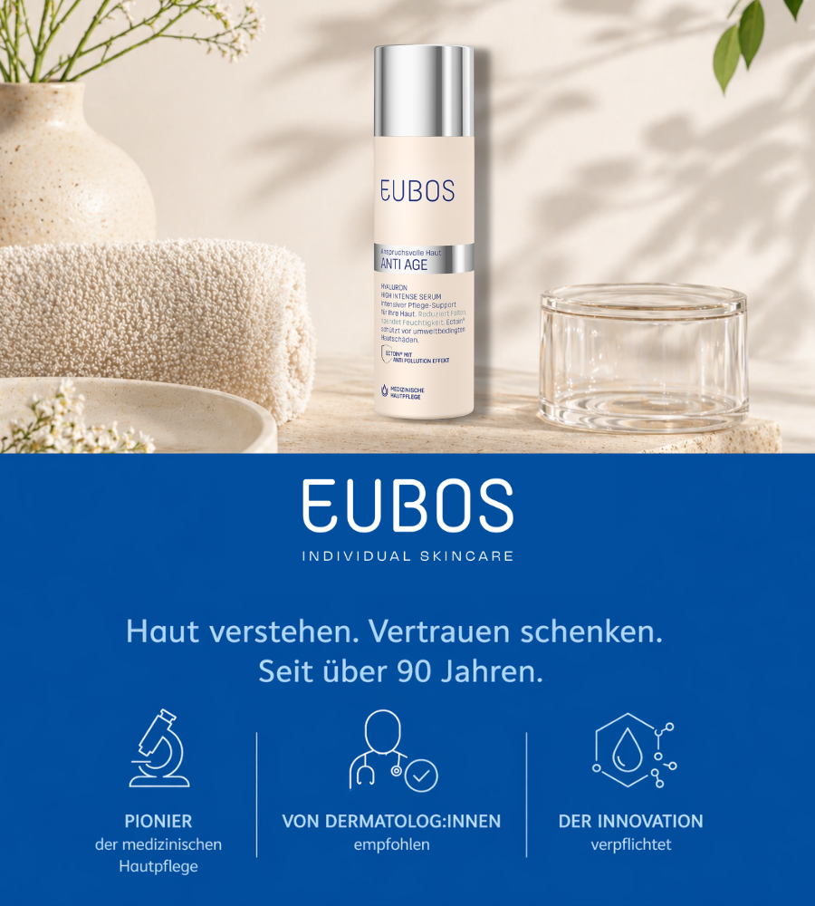 EUBOS Anti Age Serum und Frau. Frau trägt Serum auf, Text über Anti Age Serie.