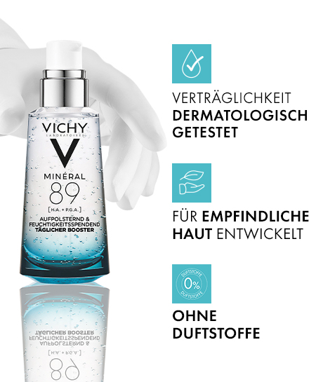 Vichy Mineral 89 Booster, Tagescreme und Nachtcreme für eine vollständige Feuchtigkeitsroutine.