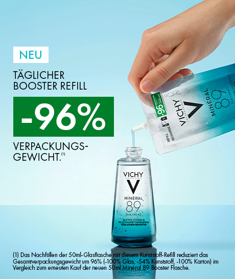 Vichy Mineral 89 Booster mit frischer, ultra-leichter Textur, umgeben von Wasserblasen.