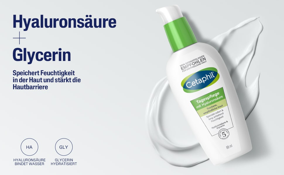 Flasche und Creme-Klecks. Text: Hyaluronsäure + Glycerin. Speichert Feuchtigkeit in der Haut und stärkt die Hautbarriere.