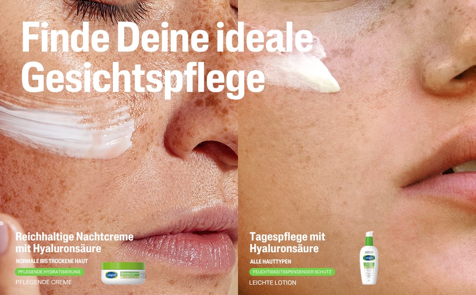 Gesichter mit Creme. Text: Finde Deine ideale Gesichtspflege. Reichhaltige Nachtcreme, Tagespflege.