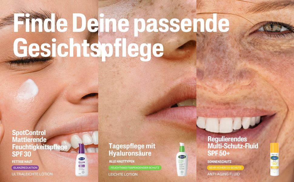 Gesichtspflege-Produkte. SpotControl, Tagespflege. Verschiedene Flaschen.