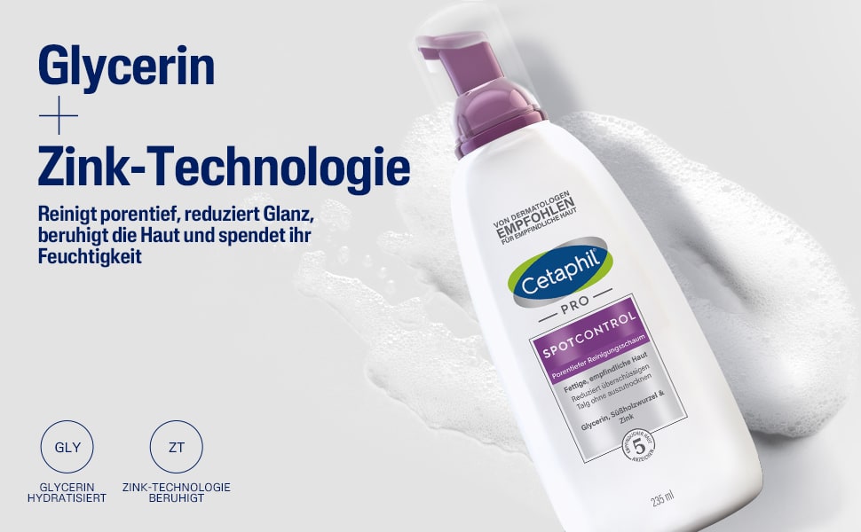 Flasche und Schaum. Text: Glycerin + Zink-Technologie. Reinigt, beruhigt, spendet Feuchtigkeit.