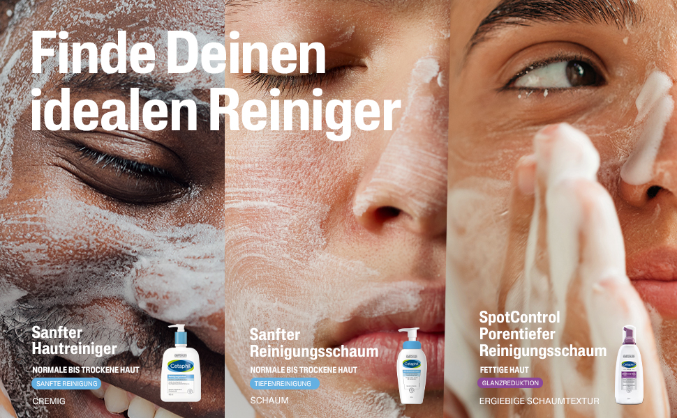 Drei Gesichter mit Schaum. Text: Finde Deinen idealen Reiniger.