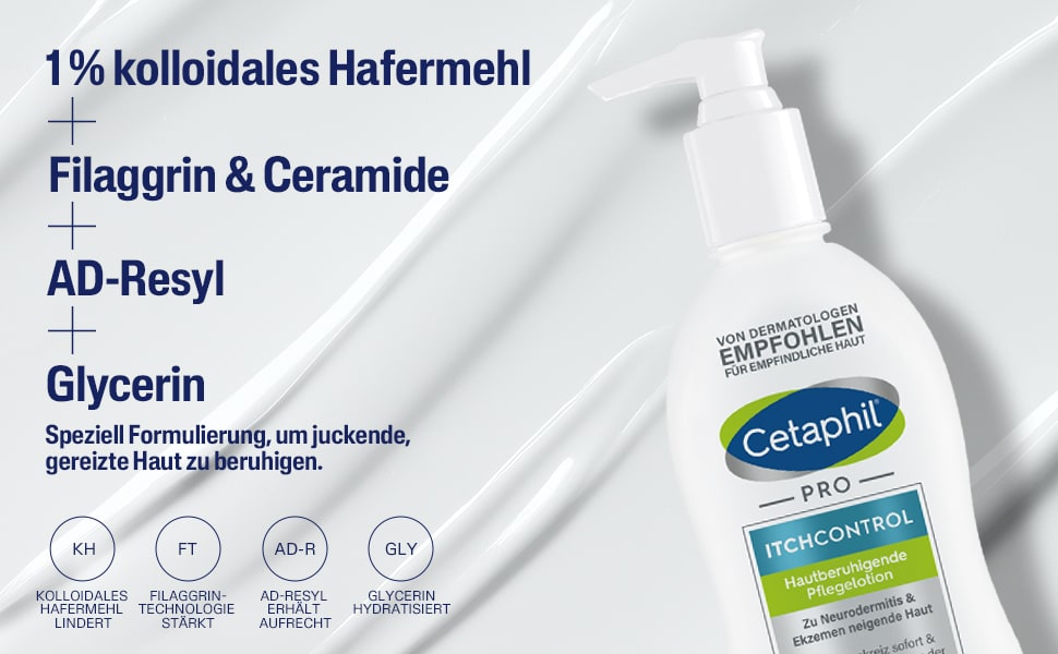 Nahaufnahme von Creme. Text: 1% kolloidales Hafermehl, Filaggrin & Ceramide, AD-Resyl, Glycerin. Spezielle Formel.