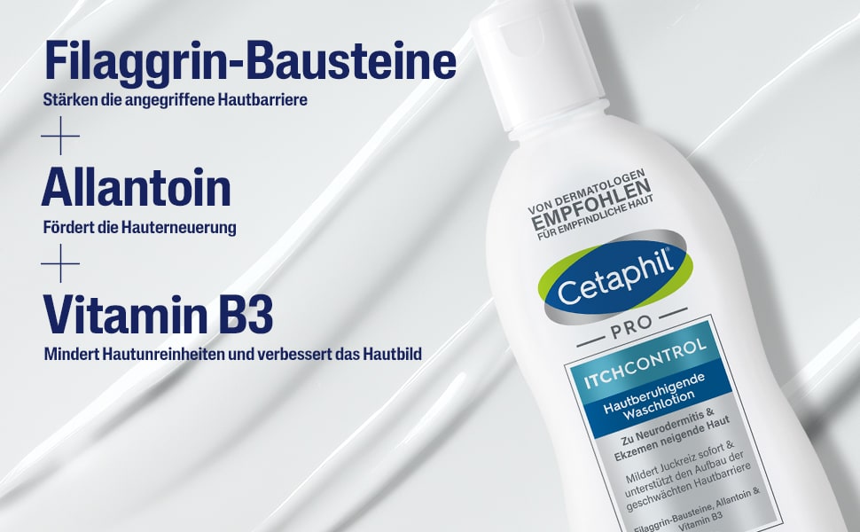 Nahaufnahme von weißem Schaum. Text: Filaggrin-Bausteine, Allantoin, Vitamin B3. Stärken, fördern, mindern.