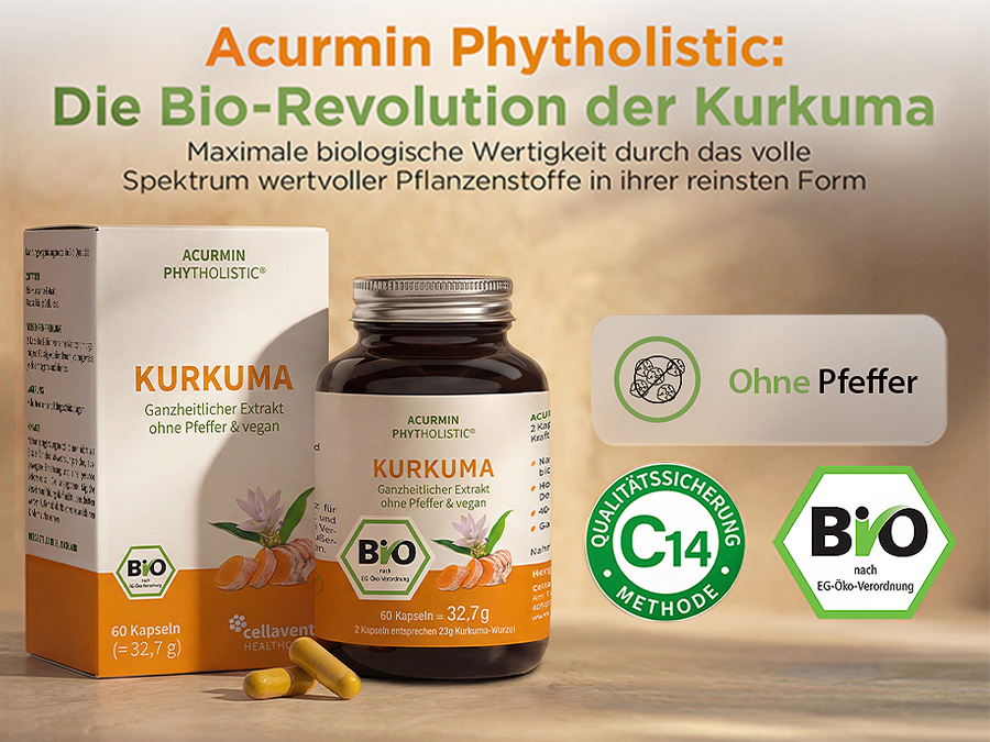 Produkt mit Verpackung. Text: Acumin Phytholistic. Bio-Revolution der Kurkuma. Ohne Pfeffer.