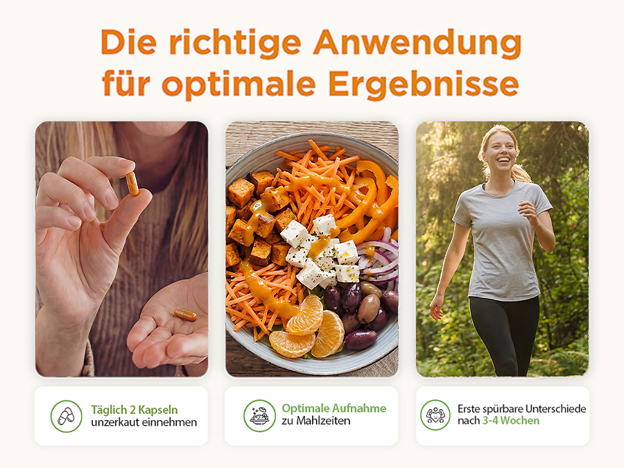 Anwendung. Text: Täglich 2 Kapseln. Optimale Aufnahme zu Mahlzeiten. Unterschiede nach 3-4 Wochen.