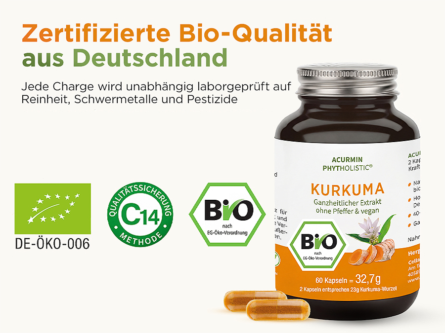 Flasche und Kapseln. Text: Zertifizierte Bio-Qualität aus Deutschland. C14 Methode.